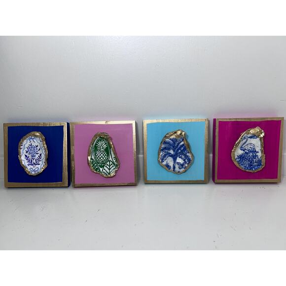 Original HandPainted Oyster Art 5x5 Wooden Block Pink Green Pineapple Lilly - Picture 8 of 8